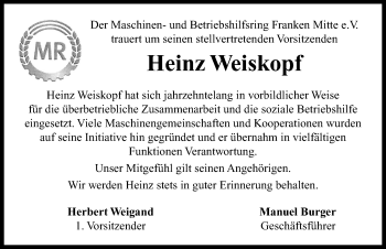 Traueranzeige von Heinz Weiskopf von Neustadt/ Scheinfeld/ Uffenheim