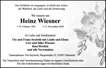 Traueranzeige von Heinz Wiesner von Rothenburg