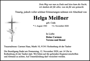Traueranzeige von Helga Meißner von Rothenburg
