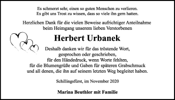 Traueranzeige von Herbert Urbanek von Rothenburg