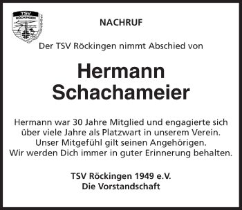 Traueranzeige von Hermann Schachameier von Dinkelsbühl/ Feuchtwangen