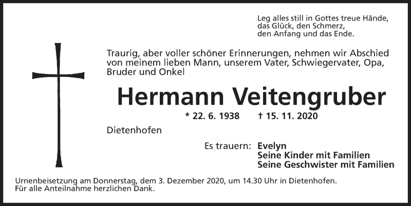  Traueranzeige für Hermann Veitengruber vom 30.11.2020 aus Ansbach