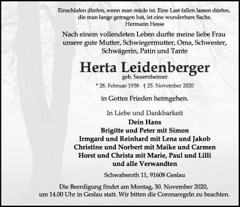 Traueranzeige von Herta Leidenberger von Rothenburg