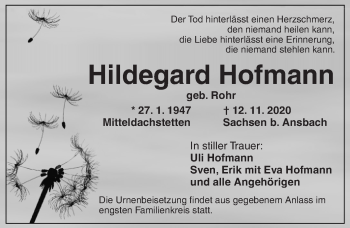 Traueranzeige von Hildegard Hofmann von Ansbach