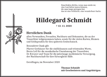 Traueranzeige von Hildegard Schmidt von Dinkelsbühl/ Feuchtwangen