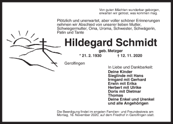 Traueranzeige von Hildegard Schmidt von Dinkelsbühl/ Feuchtwangen