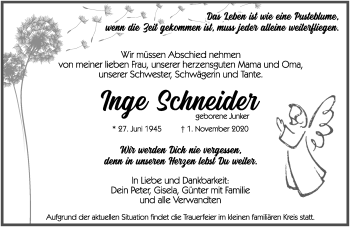 Traueranzeige von Inge Schneider von Rothenburg