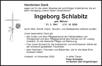 Traueranzeige von Ingeborg Schlabitz von Ansbach