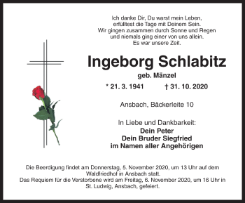 Traueranzeige von Ingeborg Schlabitz von Ansbach