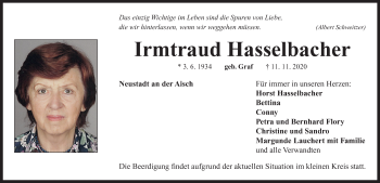 Traueranzeige von Irmtraud Hasselbacher von Neustadt/ Scheinfeld/ Uffenheim