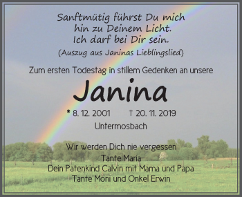 Traueranzeige von Janina Sindel von Dinkelsbühl/ Feuchtwangen