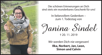 Traueranzeige von Janina Sindel von Dinkelsbühl/ Feuchtwangen