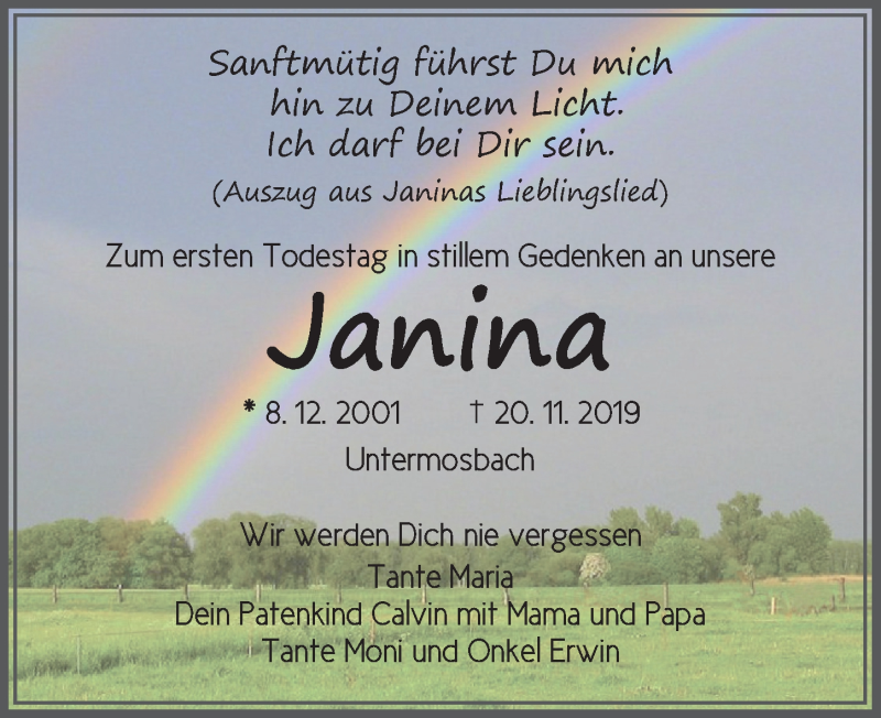  Traueranzeige für Janina Sindel vom 20.11.2020 aus Dinkelsbühl/ Feuchtwangen