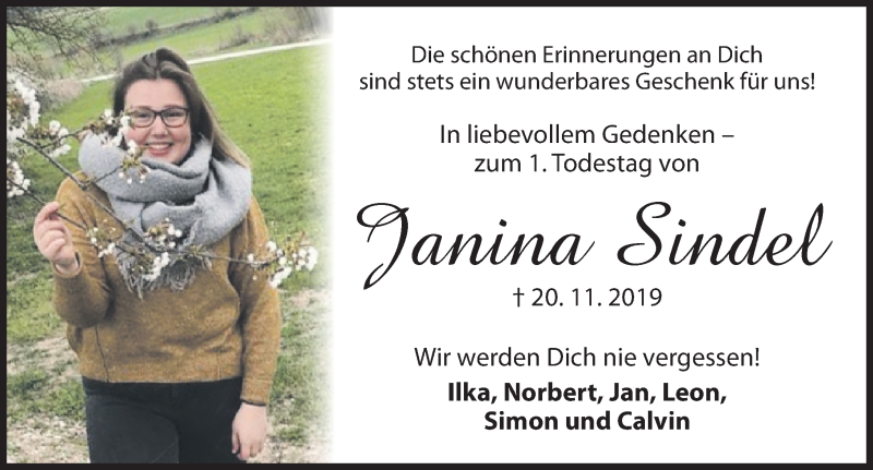  Traueranzeige für Janina Sindel vom 20.11.2020 aus Dinkelsbühl/ Feuchtwangen