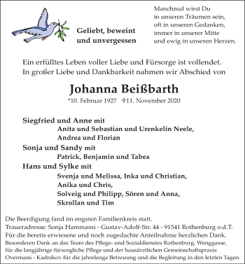 Traueranzeige von Johanna Beißbarth von Rothenburg