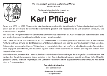 Traueranzeige von Karl Pflüger von Rothenburg