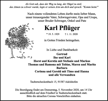 Traueranzeige von Karl Pflüger von Rothenburg