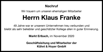 Traueranzeige von Klaus Franke von Neustadt/ Scheinfeld/ Uffenheim