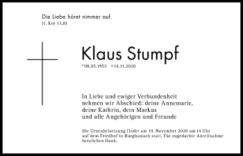 Traueranzeige von Klaus Stumpf von Neustadt/ Scheinfeld/ Uffenheim