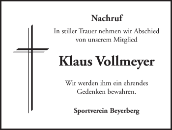 Traueranzeige von Klaus Vollmeyer von Dinkelsbühl/ Feuchtwangen