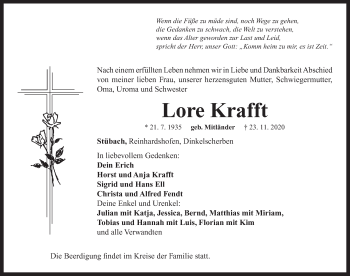 Traueranzeige von Lore Krafft von Neustadt/ Scheinfeld/ Uffenheim