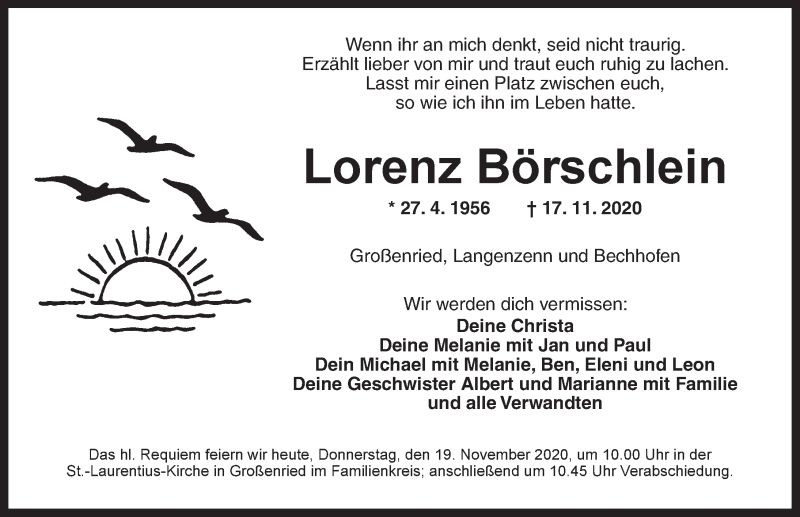  Traueranzeige für Lorenz Börschlein vom 19.11.2020 aus Dinkelsbühl/ Feuchtwangen