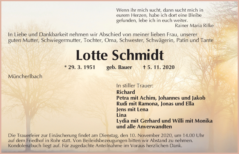  Traueranzeige für Lotte Schmidt vom 07.11.2020 aus Ansbach