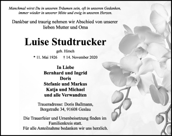 Traueranzeige von Luise Studtrucker von Rothenburg