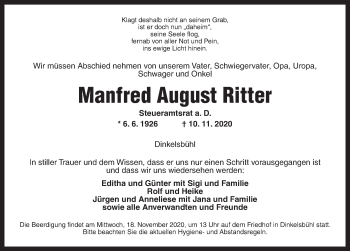 Traueranzeige von Manfred August Ritter von Dinkelsbühl/ Feuchtwangen