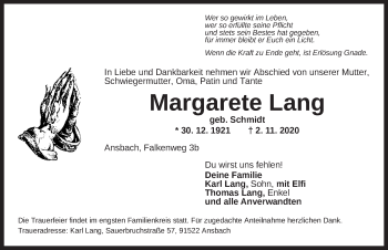 Traueranzeige von Margarete Lang von Ansbach
