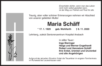 Traueranzeige von Maria Schäff von Ansbach