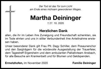 Traueranzeige von Martha Deininger von Neustadt/ Scheinfeld/ Uffenheim