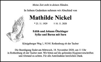 Traueranzeige von Mathilde Nickel von Rothenburg