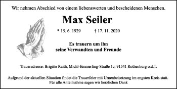 Traueranzeige von Max Seiler von Rothenburg