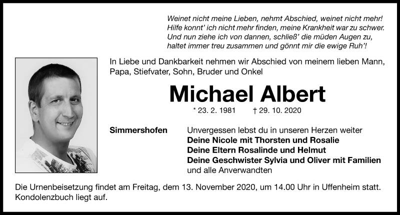  Traueranzeige für Michael Albert vom 06.11.2020 aus Neustadt/ Scheinfeld/ Uffenheim