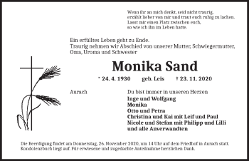 Traueranzeige von Monika Sand von Ansbach