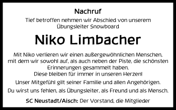 Traueranzeige von Niko Limbacher von Neustadt/ Scheinfeld/ Uffenheim