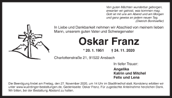 Traueranzeige von Oskar Franz von Ansbach
