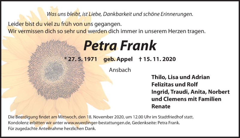  Traueranzeige für Petra Frank vom 17.11.2020 aus Ansbach
