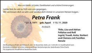 Traueranzeige von Petra Frank von Ansbach