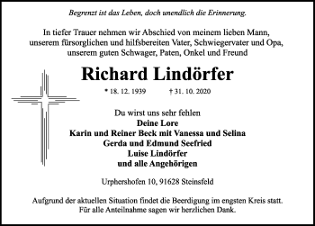 Traueranzeige von Richard Lindörfer von Rothenburg