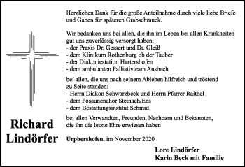 Traueranzeige von Richard Lindörfer von Rothenburg