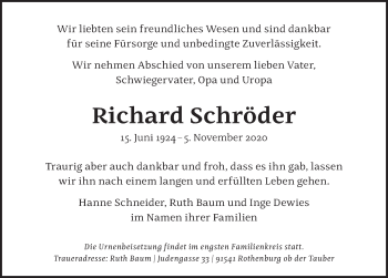 Traueranzeige von Richard Schröder von Rothenburg