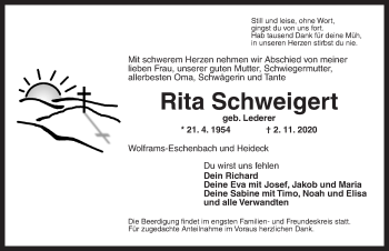 Traueranzeige von Rita Schweigert von Ansbach