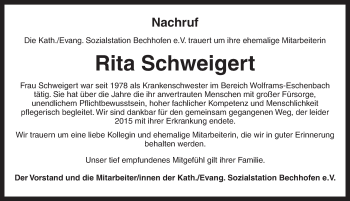 Traueranzeige von Rita Schweigert von Ansbach