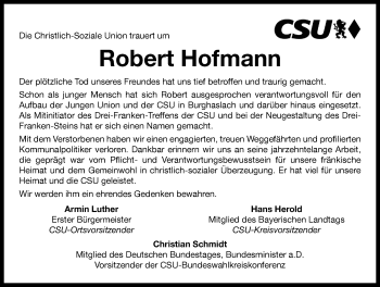 Traueranzeige von Robert Hofmann von Neustadt/ Scheinfeld/ Uffenheim