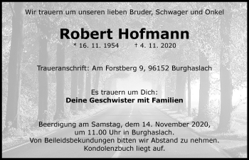 Traueranzeige von Robert Hofmann von Neustadt/ Scheinfeld/ Uffenheim