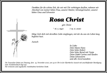 Traueranzeige von Rosa Christ von Ansbach