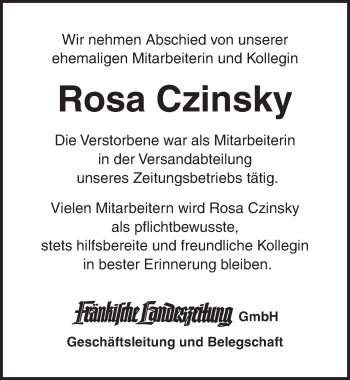 Traueranzeige von Rosa Czinsky von Ansbach