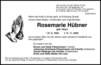 Traueranzeige von Rosemarie Hübner von Neustadt/ Scheinfeld/ Uffenheim